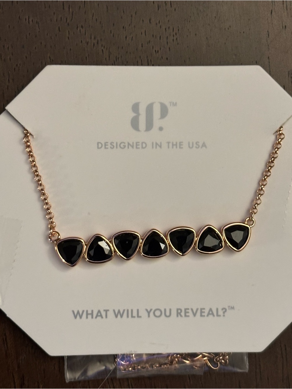 Brand new Rose Gold Necklace with Black Geometric Stones, retail $128